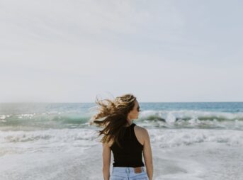 sea, ocean, blue, water, nature, wave, people, girl, woman, back