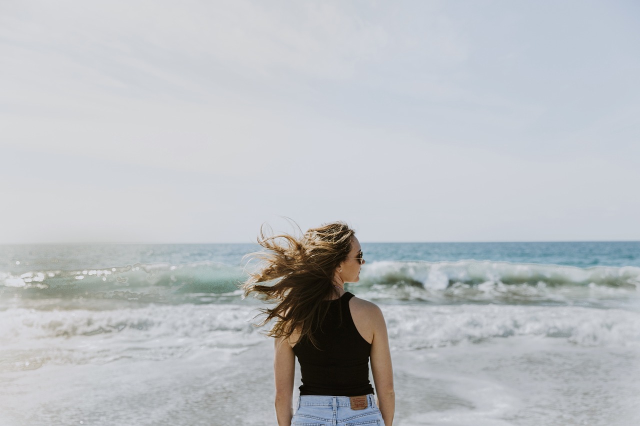 sea, ocean, blue, water, nature, wave, people, girl, woman, back