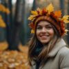 ai generated, woman, foliage, leaves, fall, friendly, autumn, laugh, smile, trust, trustful, autumnal, sweet, peaceful, happy, nature