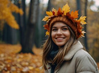 ai generated, woman, foliage, leaves, fall, friendly, autumn, laugh, smile, trust, trustful, autumnal, sweet, peaceful, happy, nature