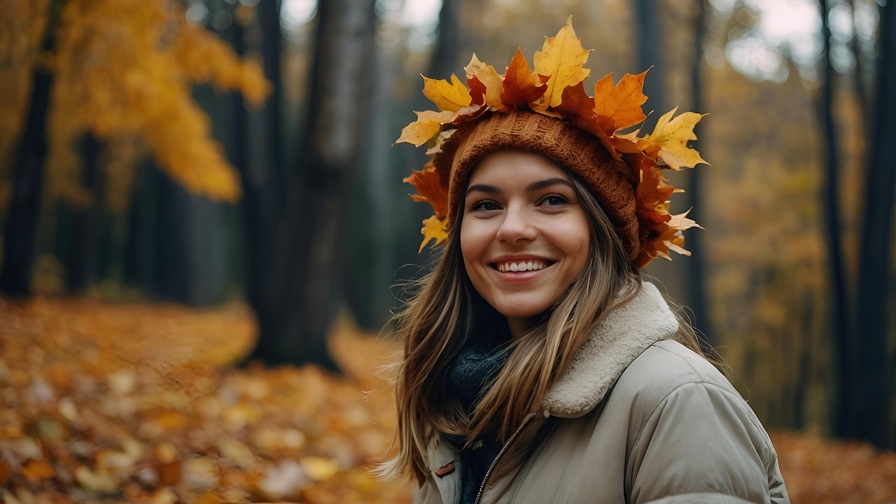ai generated, woman, foliage, leaves, fall, friendly, autumn, laugh, smile, trust, trustful, autumnal, sweet, peaceful, happy, nature