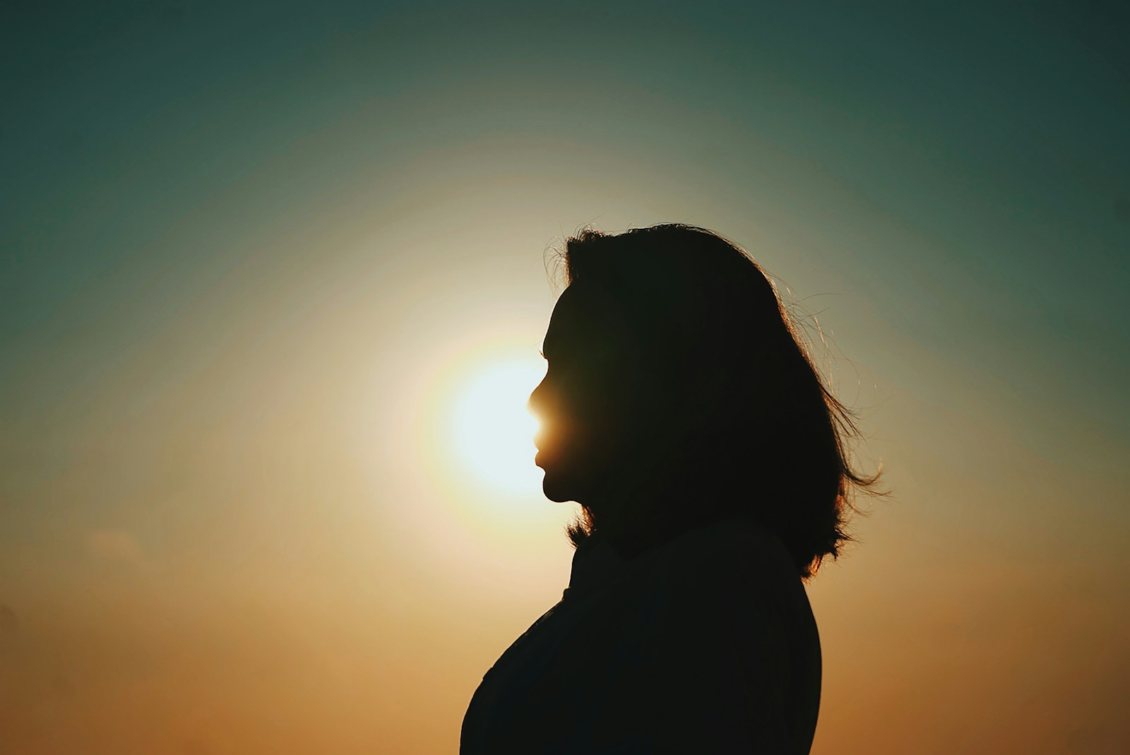a silhouette of a person with the sun in the background
